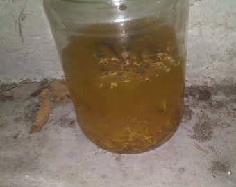 Op de afbeelding: Een heldere glazen pot met een groene deksel, gevuld met een geelbruine vloeistof en kleine plantenresten. De pot staat op een betonnen oppervlak. De inhoud is zichtbaar door het transparante glas.