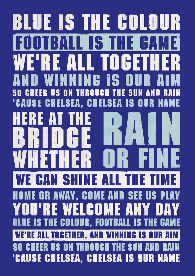 Chelsea Football Soccer Song Lyrics Anthem Poster Print Etsy