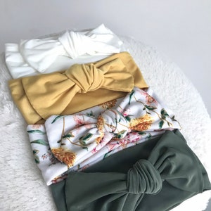 Baby headbands in mustard yellow, floral print, khaki green and white