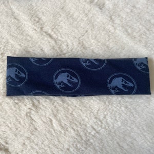 May include: A dark blue headband with a repeating pattern of light blue dinosaur silhouettes.