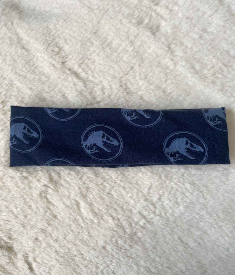 May include: A dark blue headband with a repeating pattern of light blue dinosaur silhouettes.