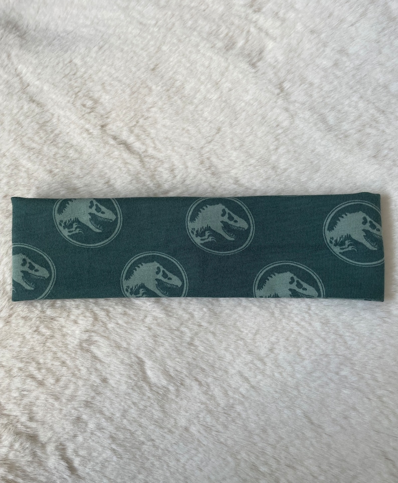 May include: A dark green headband with a repeating pattern of a white dinosaur silhouette inside a circle.