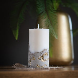 Soy Wax Gold Concrete Pillar Candle - Handmade Handpainted Industrial Unique Home Decor - Brutalised Concrete Gold Kintsugi