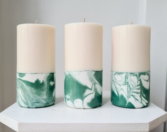 Concrete Candle - Green & White Marble Candle - Concrete Pillar Candle - Unique Unscented Soy Wax