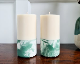 Concrete Candle - Green & White Marble Candle - Concrete Pillar Candle - Unique Unscented Soy Wax