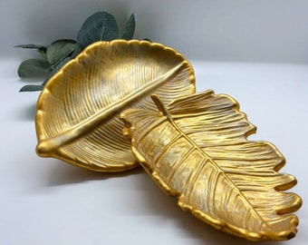 Gold Leaf Shaped Stone Cast High Density Plaster Trinket Tray Dish Two Styles