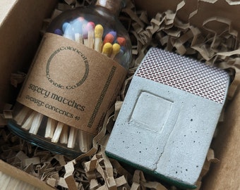 Large Grey Concrete House Match Striker and Bottle of Rainbow Matches Gift Set - Luxury Fancy Matches - Concrete House Holder