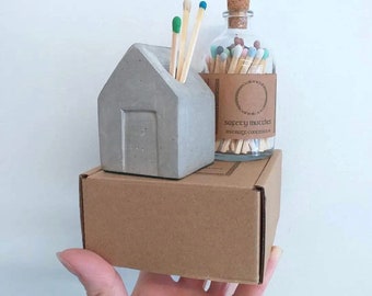 Large Grey Concrete House Match Striker and Bottle of Rainbow Matches Gift Set - Luxury Fancy Matches - Concrete House Holder