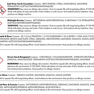 May include: A white and red warning sign with a black exclamation point. The sign is next to a list of ingredients and warnings for different essential oil blends. The blends include Earl Grey Tea & Cucumber, Midnight Berries, Rhubarb & Rose, Green Tea & Bergamot, White Citrus, and English Pear & Freesia.