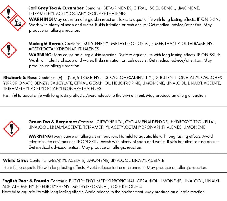 May include: A white and red warning sign with a black exclamation point. The sign is next to a list of ingredients and warnings for different essential oil blends. The blends include Earl Grey Tea & Cucumber, Midnight Berries, Rhubarb & Rose, Green Tea & Bergamot, White Citrus, and English Pear & Freesia.