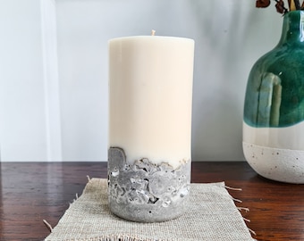 Concrete Candle - Soy Wax Silver Kintsugi Concrete Pillar Candle - Handmade Handpainted Raw Concrete - Industrial Unique Loft Living