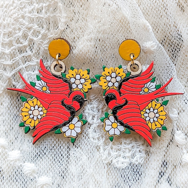 Spring Bird Hand-Painted Wooden Earrings