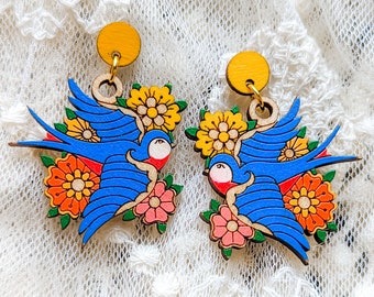 Spring Bird Hand-Painted Wooden Earrings