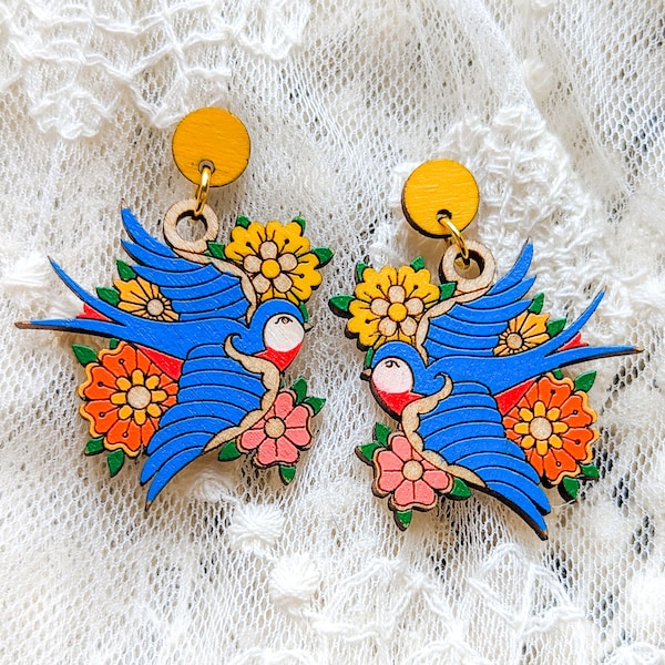 Spring Bird Hand-Painted Wooden Earrings