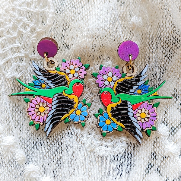 Spring Bird Hand-Painted Wooden Earrings