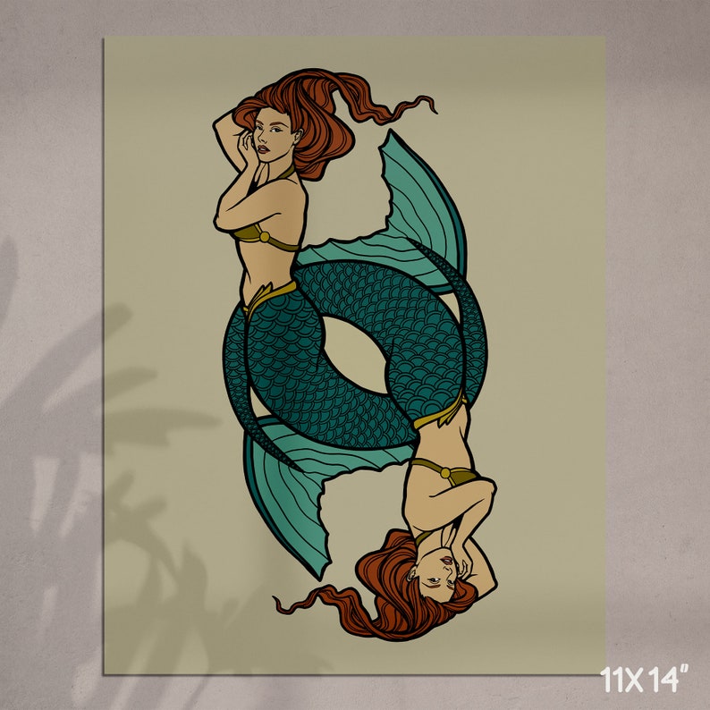 May include: An 11x14 inch print featuring two mermaids in a mirrored design. The mermaids have red hair, teal fishtails, and are wearing gold-colored tops. The artwork has a vintage aesthetic with a neutral background.