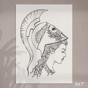 May include: A black and white line drawing of a woman wearing a helmet with a laurel wreath. The woman's hair is long and curly, and she is looking down.