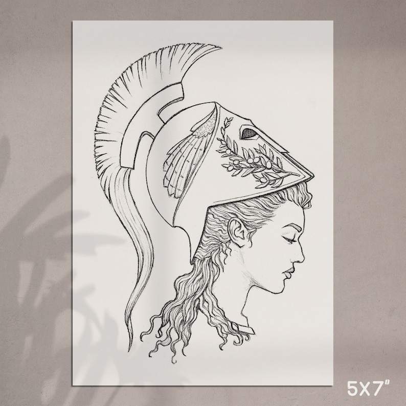 May include: A black and white line drawing of a woman wearing a helmet with a laurel wreath. The woman's hair is long and curly, and she is looking down.