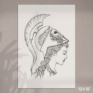 May include: A black and white line drawing of a woman wearing a helmet with a laurel wreath. The woman's hair is long and flowing, and she is looking down. The drawing is on a white background.