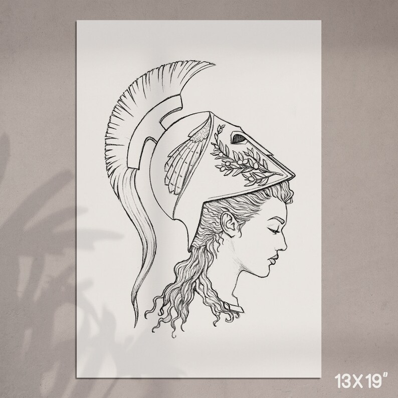 May include: A black and white line drawing of a woman wearing a helmet with a laurel wreath. The woman's hair is long and flowing, and she is looking down. The drawing is on a white background.