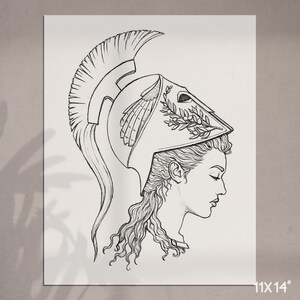 May include: A black and white line drawing of a woman wearing a helmet with a laurel wreath. The woman's hair is long and curly, and she is looking down.