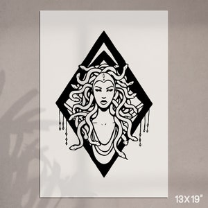 May include: Black and white illustration of a woman with snakes for hair. The woman is depicted in a diamond shape with a geometric pattern.
