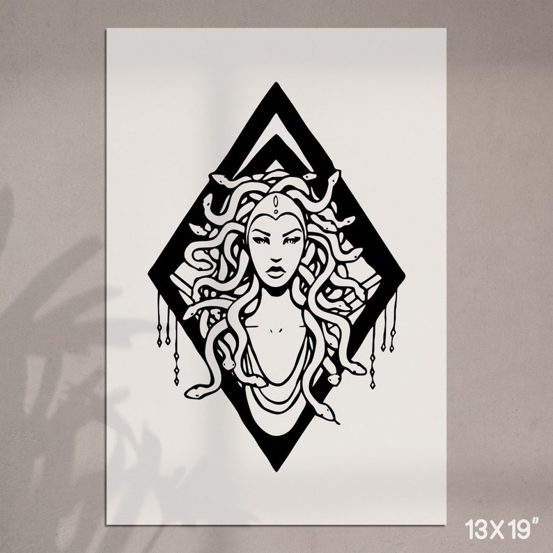 May include: Black and white illustration of a woman with snakes for hair. The woman is depicted in a diamond shape with a geometric pattern.