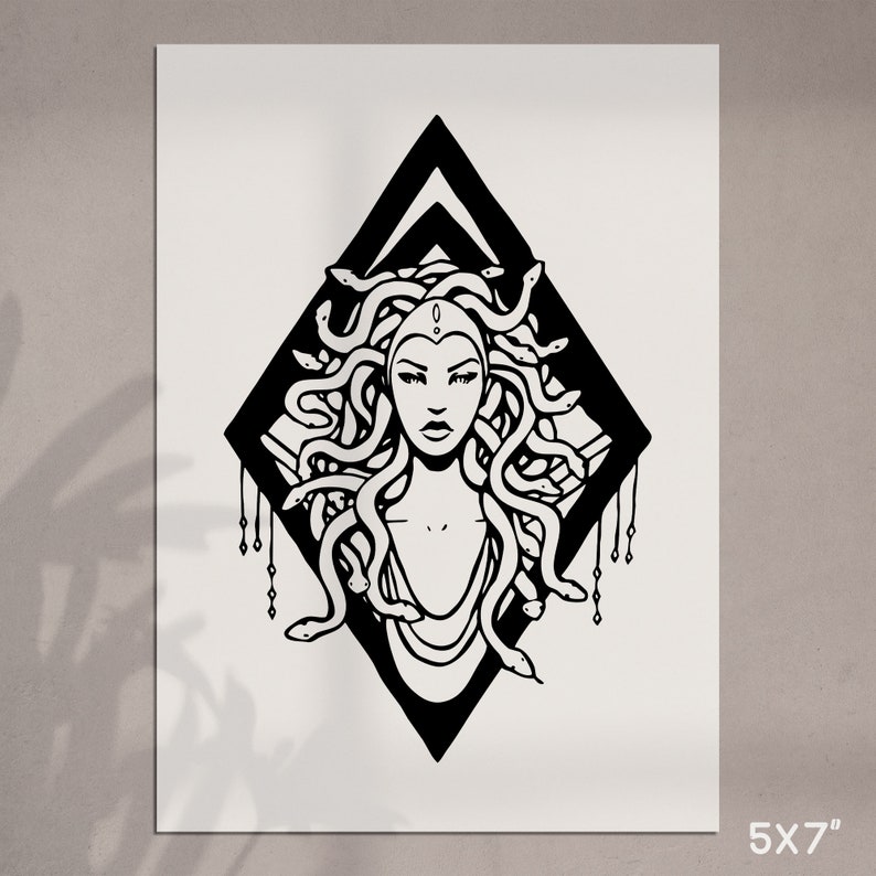 May include: Black and white line art illustration of Medusa, a mythical Greek figure with snakes for hair, inside a diamond shape.