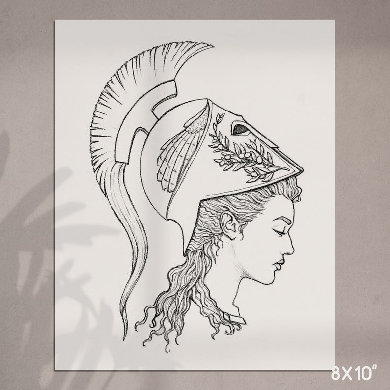 May include: A black and white line drawing of a woman wearing a helmet with a laurel wreath design. The woman's hair is long and curly, and she is looking down.