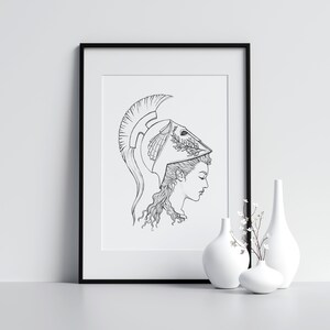 May include: Black and white line drawing of a woman wearing a helmet with a plume. The woman is looking to the right and has long hair. The drawing is framed in a black frame.