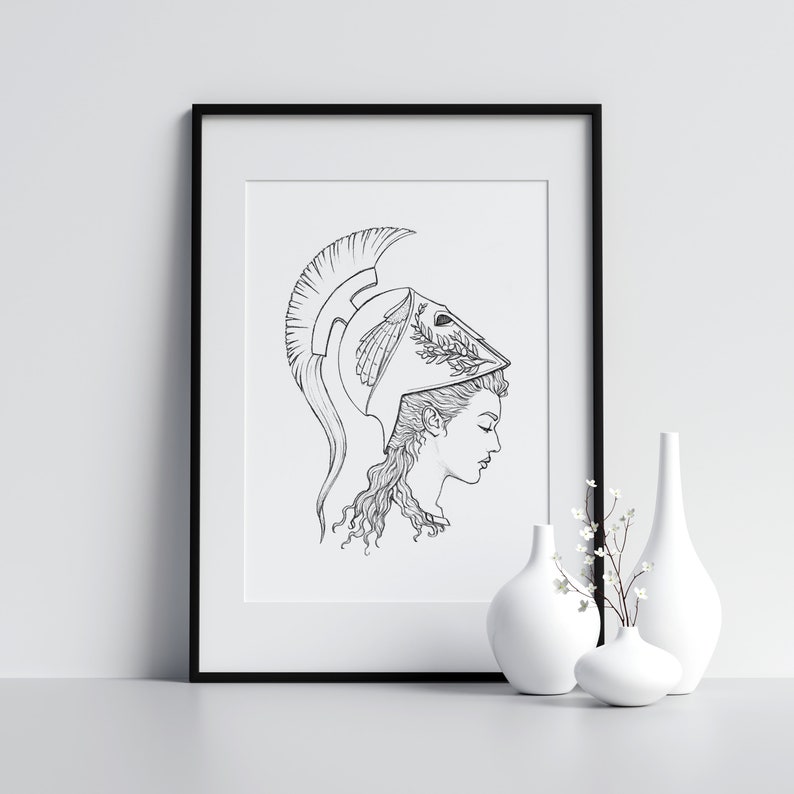 May include: Black and white line drawing of a woman wearing a helmet with a plume. The woman is looking to the right and has long hair. The drawing is framed in a black frame.