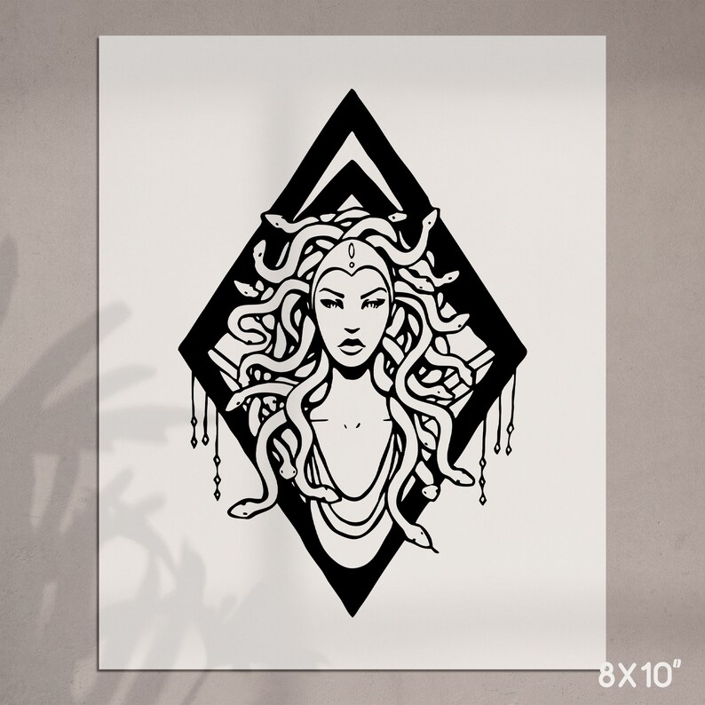 May include: Black and white line art illustration of Medusa, a mythical Greek figure with snakes for hair, inside a diamond shape.