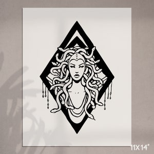 May include: Black and white illustration of Medusa, a mythical Greek figure with snakes for hair, inside a diamond shape.