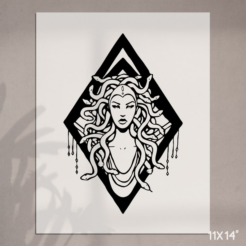 May include: Black and white illustration of Medusa, a mythical Greek figure with snakes for hair, inside a diamond shape.