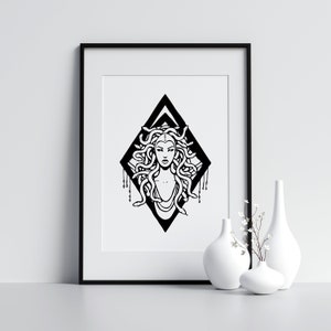 May include: Black and white illustration of Medusa, the Greek mythological figure with snakes for hair, inside a diamond shape.