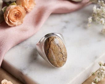Men's 925 Sterling Silver Natural Picture Jasper Gemstone Ring,  Designer Statement Jewelry