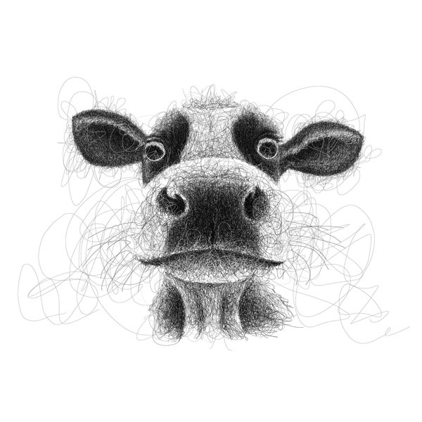 WHIMSICAL COW ScribBLE, Realistic Scribbled Ink Drawing, Cornish Dairy Farm Animal Art Print from Cornwall por Dena Marshall. Apto para veganos