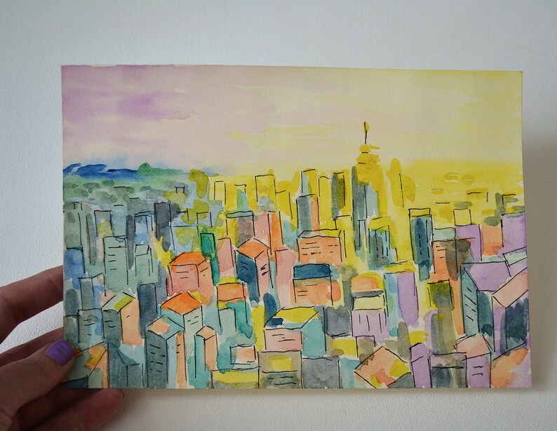 New York Painting Original Watercolor Cityscape Watercolor Painting New York Skyline Sunrise Art Urban Artwork