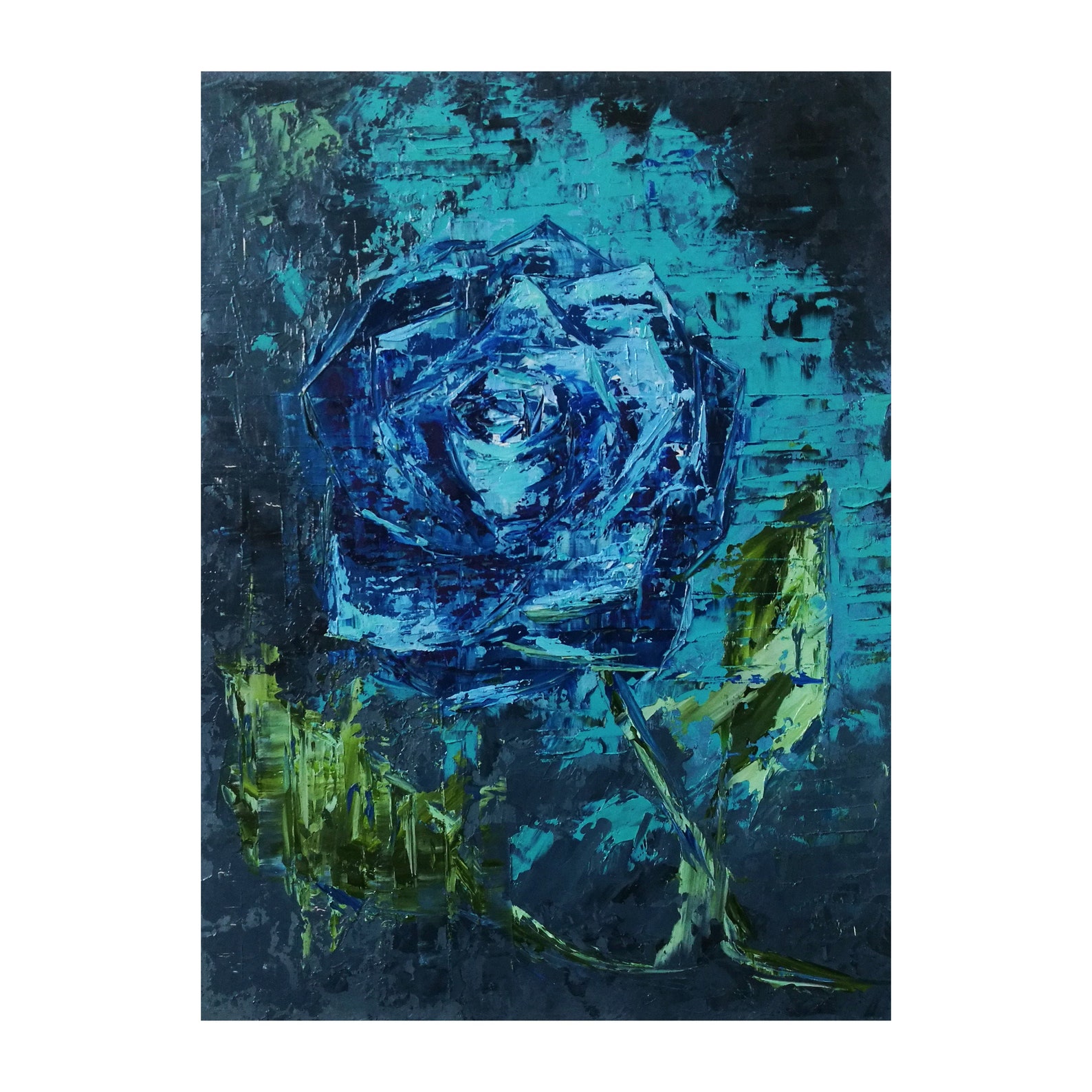 Floral Original Painting Blue Rose Wall Art Framed Flower Etsy