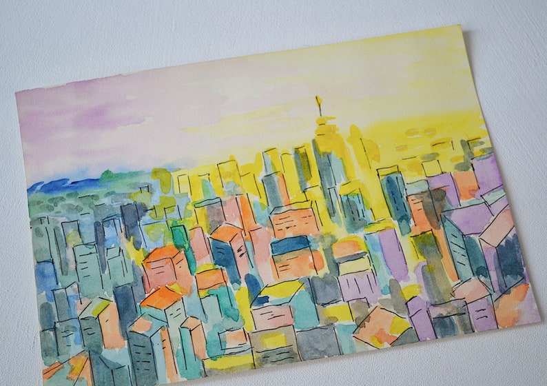 New York Painting Original Watercolor Cityscape Watercolor Painting New York Skyline Sunrise Art Urban Artwork