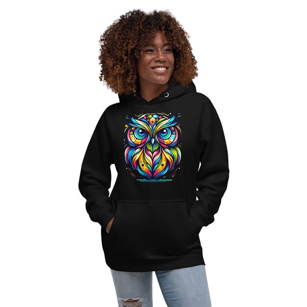 Colorful Owl Hoodie in Black, White, Dark Grey - Unisex Heavy Blend Sweatshirt with Kangaroo Pocket, Warm and Stylish for Cooler Weather