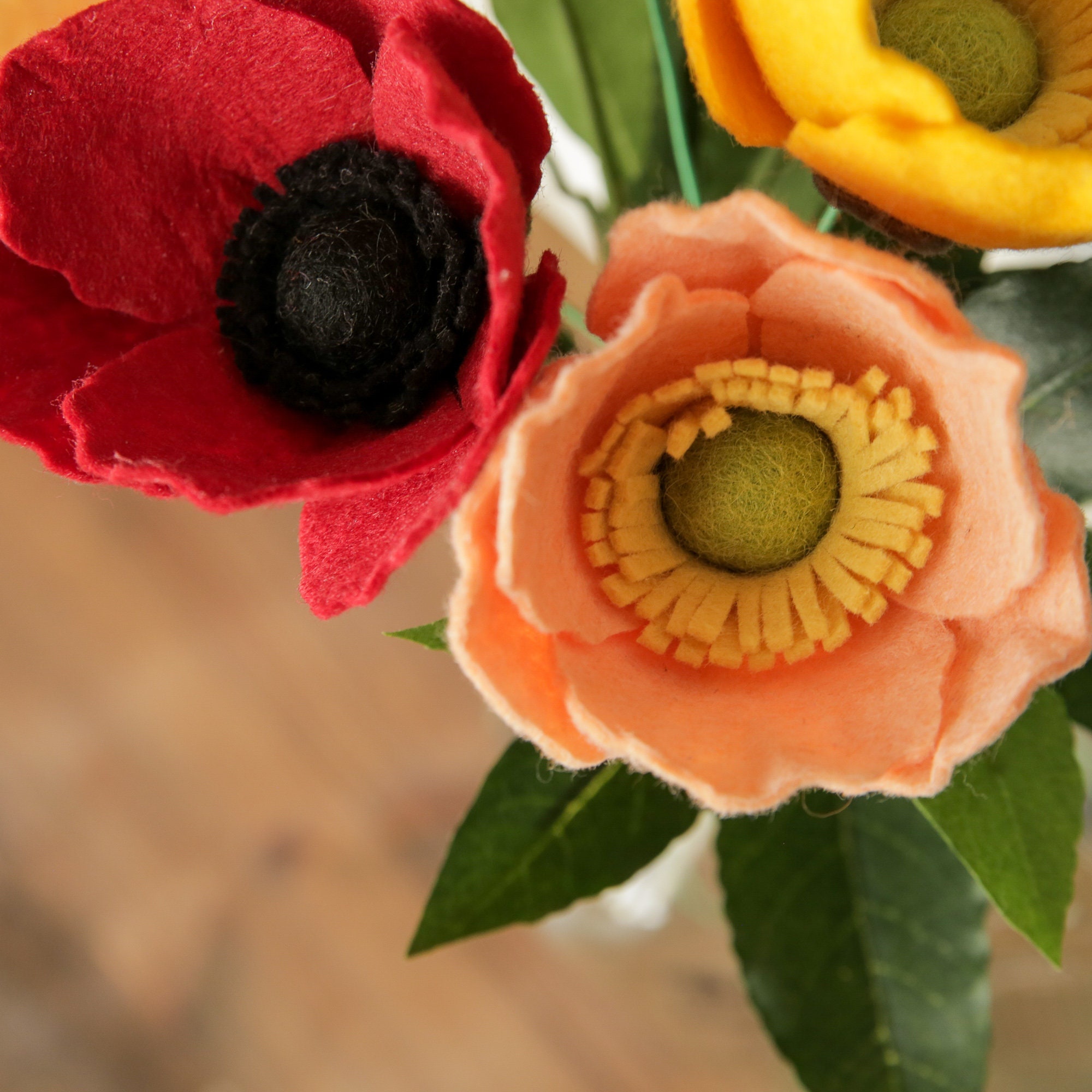 Felt Poppy Flower Stem Felt Flowers Wedding Bouquet Create Etsy