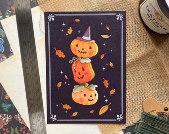 Midnight Pumpkins ~ 5x7" Spooky Halloween Art ~ cosy / witch / Autumn / Fall / illustration / painting / drawing  ~ HoneyPlumPaper