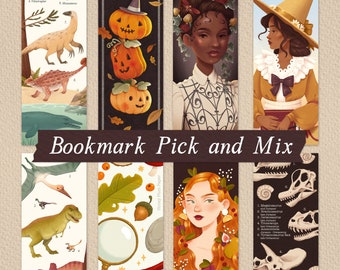 Bookmark Bundle ~ 3 Bookmarks Mix and Match ~ Cottagecore, dark academia, dinosaurs ~ illustration / painting / drawing  ~ HoneyPlumPaper