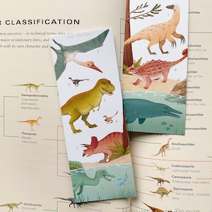 Late Cretaceous Bookmark Double Sided Dinosaur Art T-Rex, Triceratops, Spinosaurus illustration / painting / drawing HoneyPlumPaper image 1