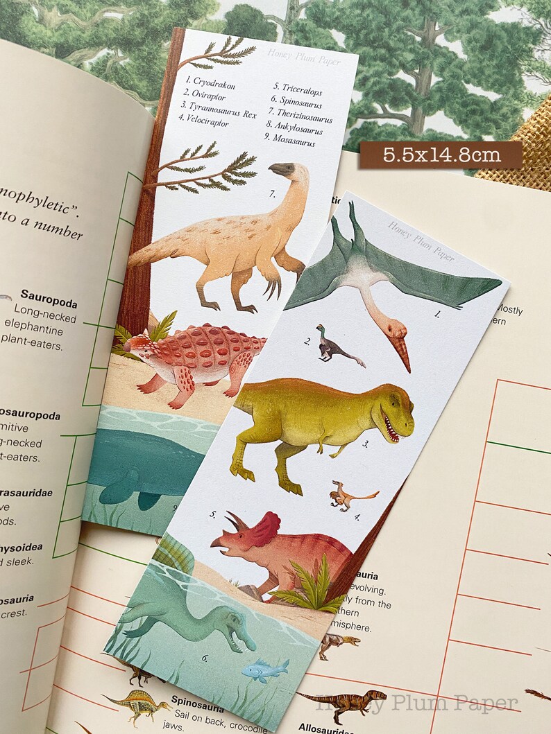 Late Cretaceous Bookmark Double Sided Dinosaur Art T-Rex, Triceratops, Spinosaurus illustration / painting / drawing HoneyPlumPaper image 3