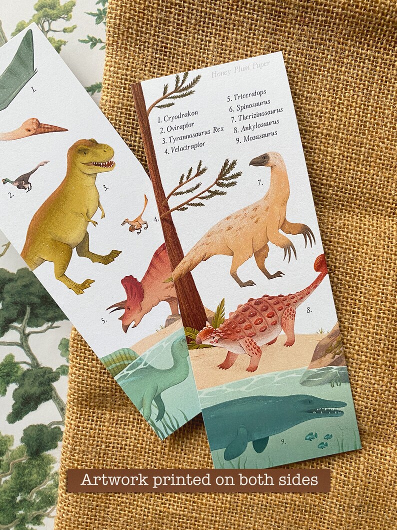 Late Cretaceous Bookmark Double Sided Dinosaur Art T-Rex, Triceratops, Spinosaurus illustration / painting / drawing HoneyPlumPaper image 2