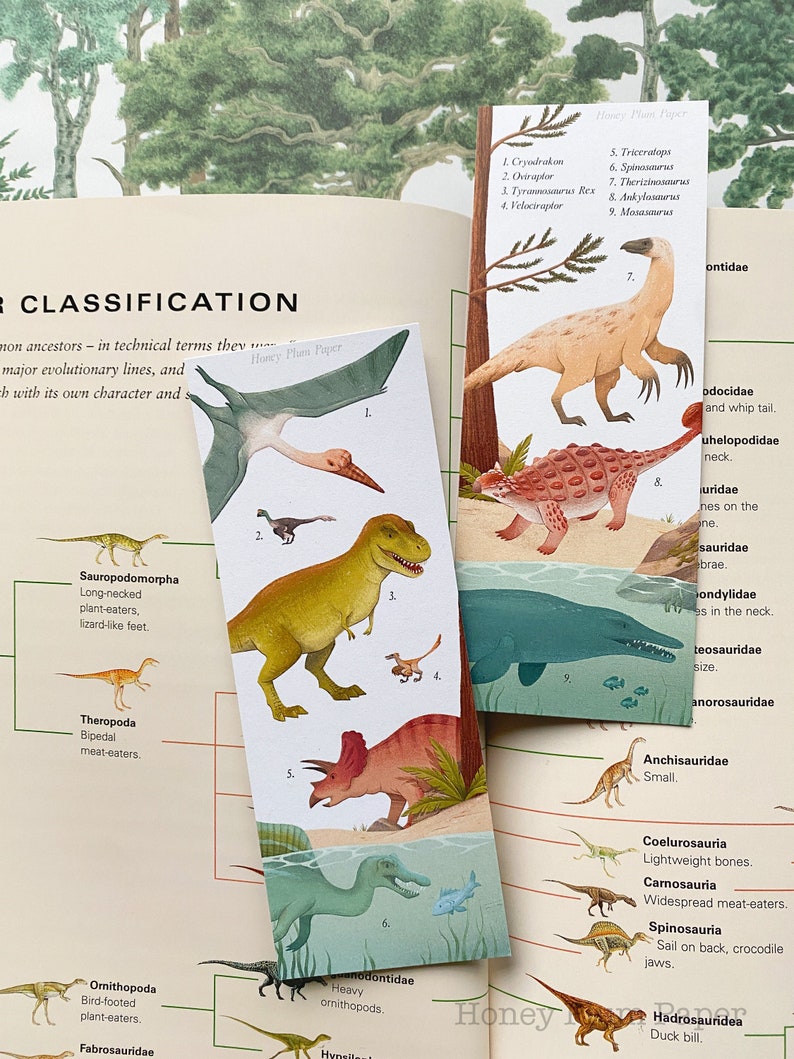 Late Cretaceous Bookmark Double Sided Dinosaur Art T-Rex, Triceratops, Spinosaurus illustration / painting / drawing HoneyPlumPaper image 1