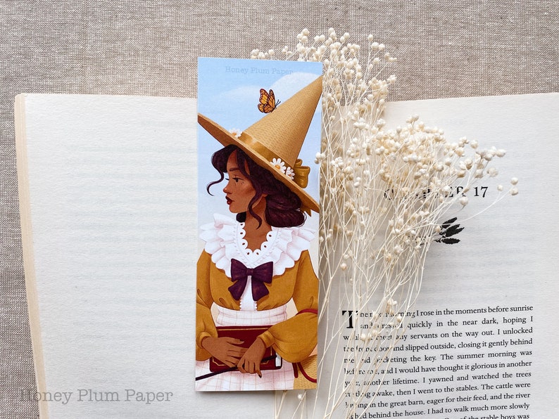 Springtime Witch Bookmark Double Sided Cottagecore Art illustration / painting / drawing HoneyPlumPaper image 1