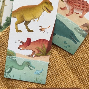 Late Cretaceous Bookmark Double Sided Dinosaur Art T-Rex, Triceratops, Spinosaurus illustration / painting / drawing HoneyPlumPaper image 4